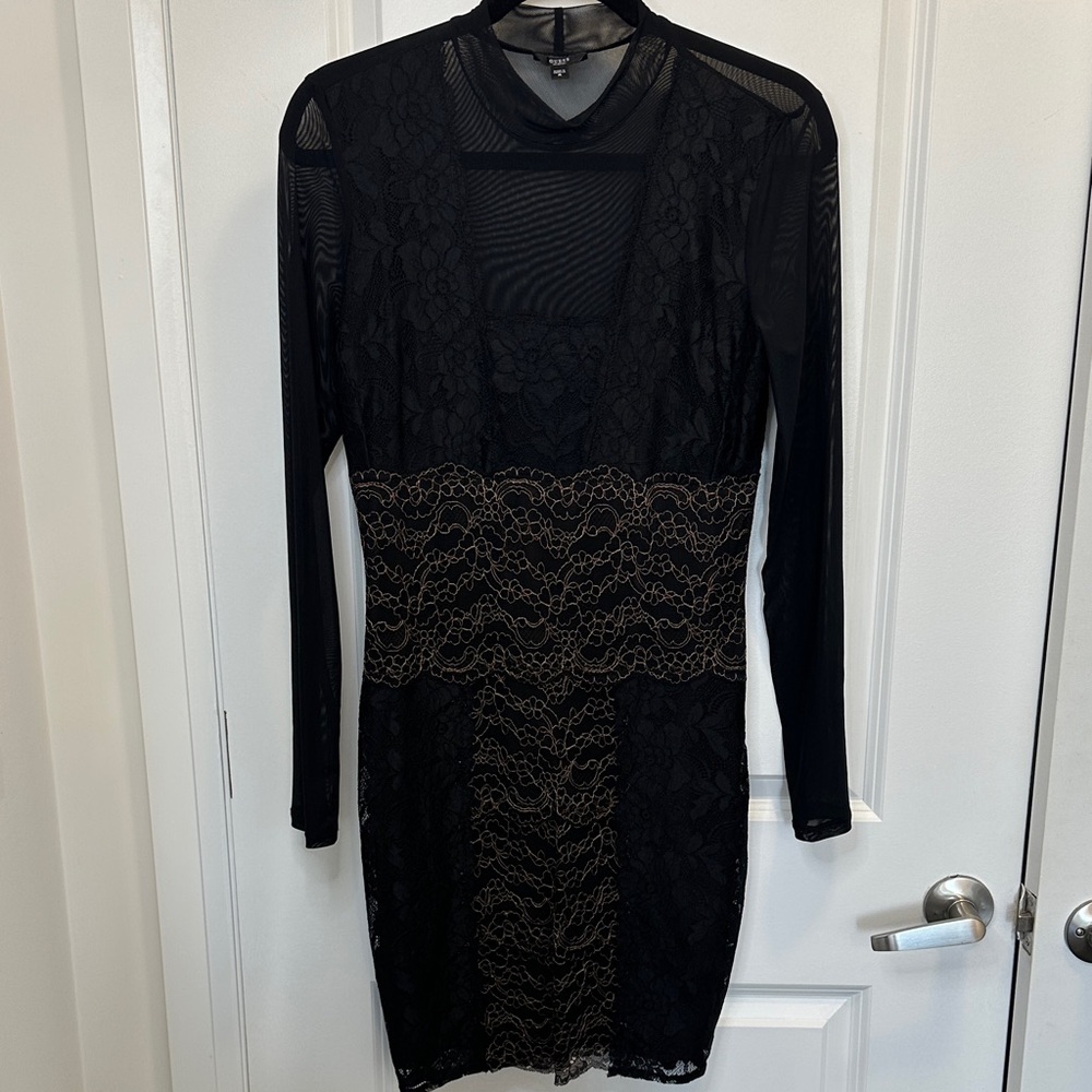 Guess Black and Tan Lace Long Sleeve Dress